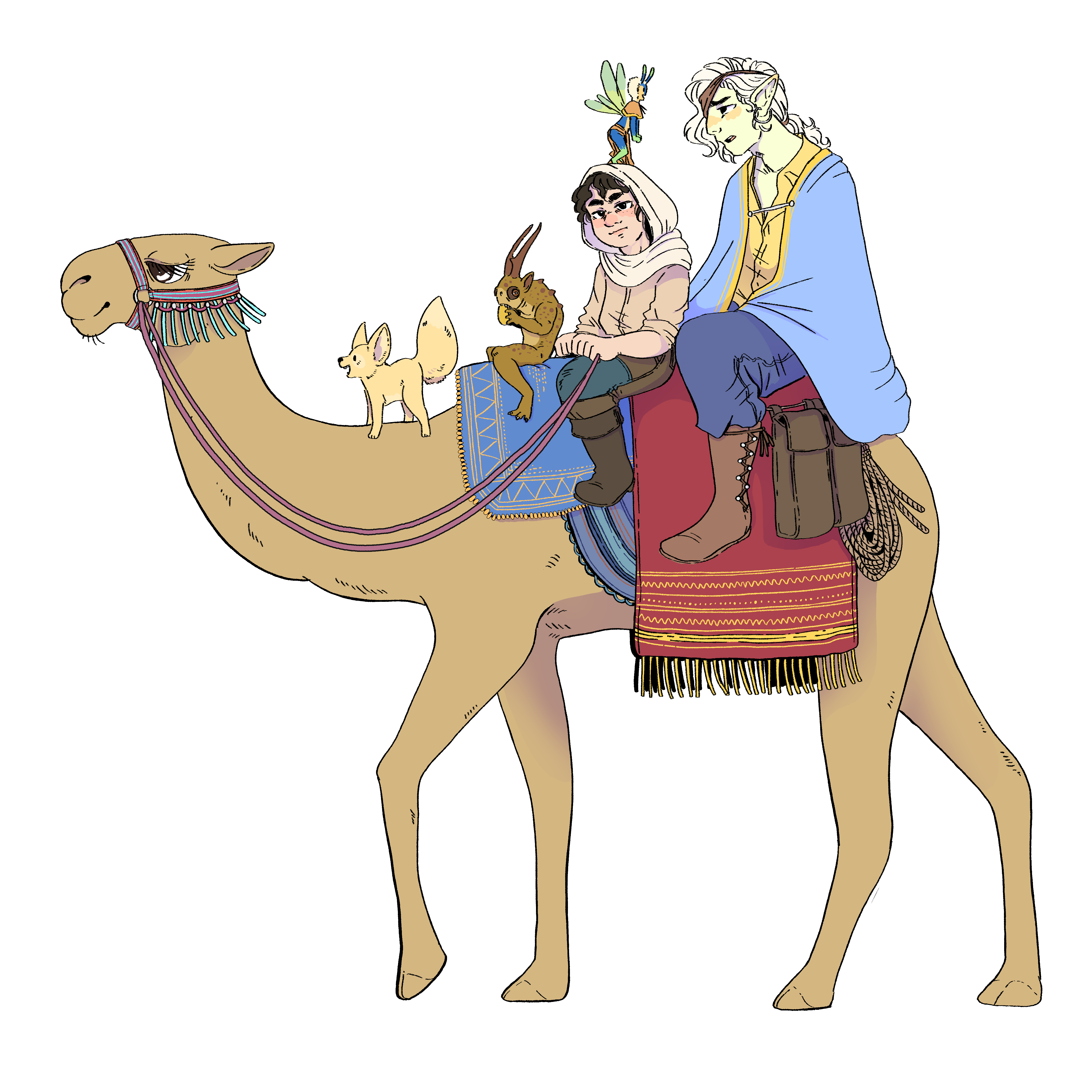 Halfling, elf, fae and some little creature on a camel